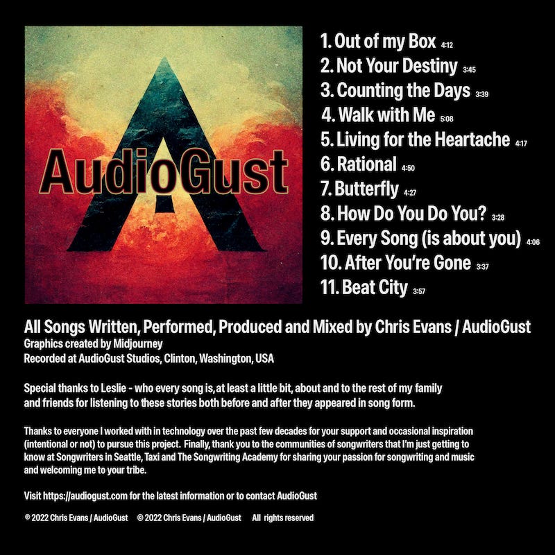 The back cover of the AudioGust album "Walk With Me"