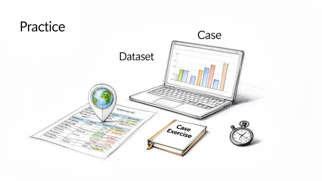 A sketch showing practice materials: a dataset, a laptop with charts, a 'Case Exercise' book, and a stopwatch. A sketch showing practice materials: a dataset, a laptop with charts, a 'Case Exercise' book, and a stopwatch.
