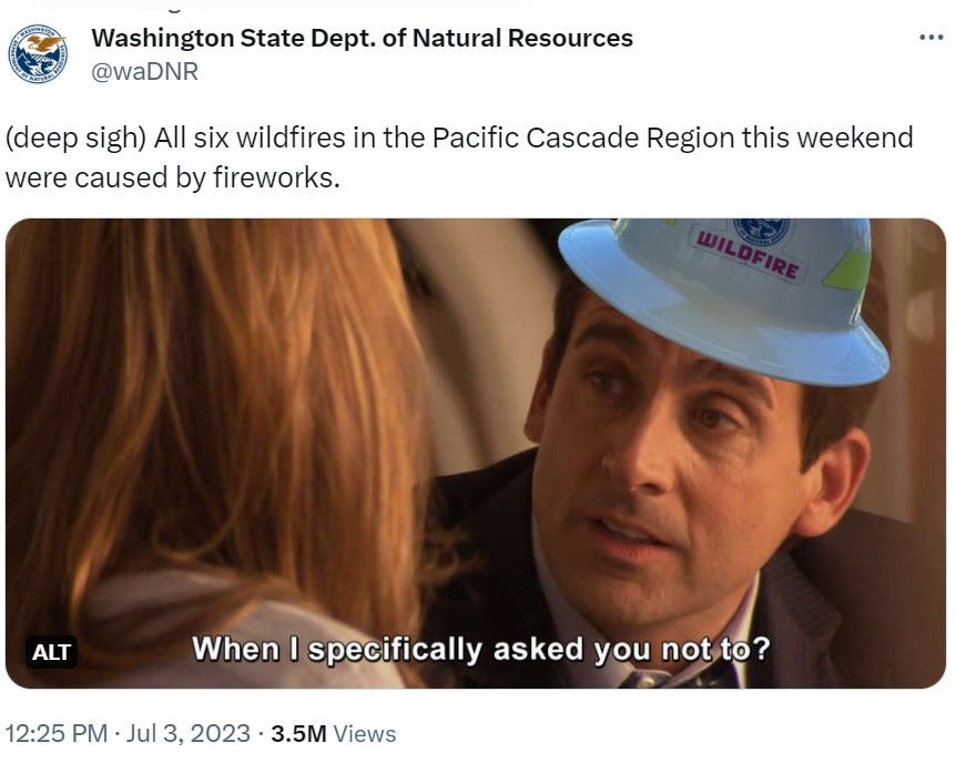 A tweet from 3 July 2023, the Washington State Dept of Natural Resources saying that six local wildfires were started by fireworks.