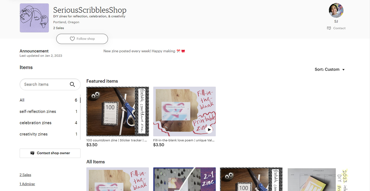 Screenshot of an Etsy storefront with listings for various zines