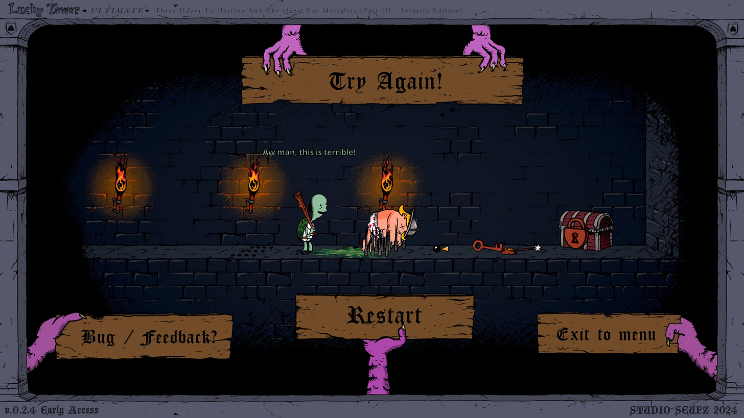 A screenshot of Lucky Tower Ultimate, showing Von Wanst pierced by spikes emerging from the floor, while his turtle companion says "Aw man, this is terrible!"