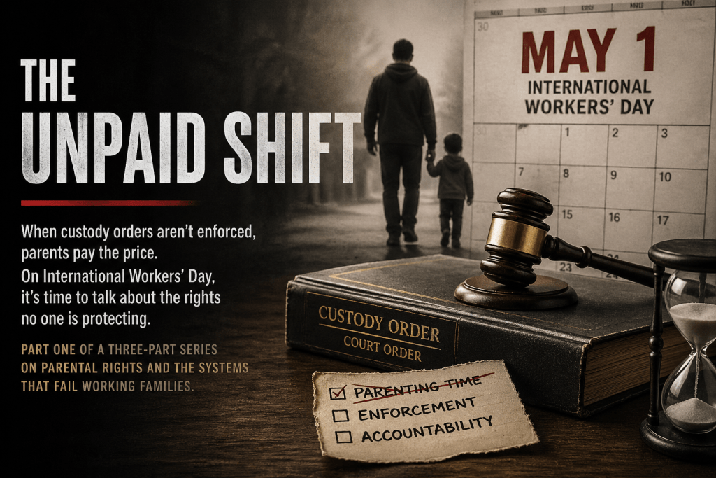 An image featuring a close-up of a court order book, a gavel, and an hourglass, alongside the message about the implications of unenforced custody orders. In the background, a blurred figure of a parent and child is seen, with a calendar indicating May 1, International Workers' Day.