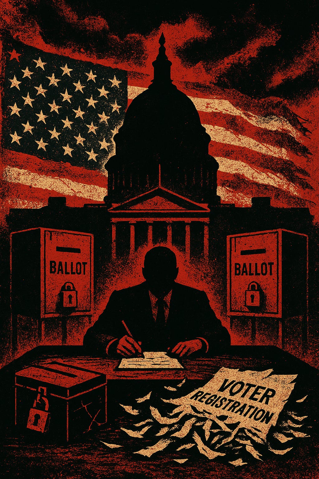 a symbolic scene of democracy under threat—no figures at all, just the Capitol half-shrouded in storm clouds, with broken ballot boxes and torn flags in gritty contrast