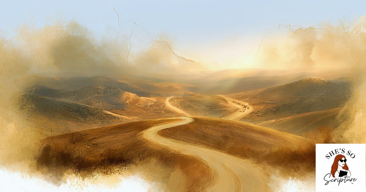 Illustration of a winding dirt road through golden hills, leading toward sunlight breaking over the horizon.