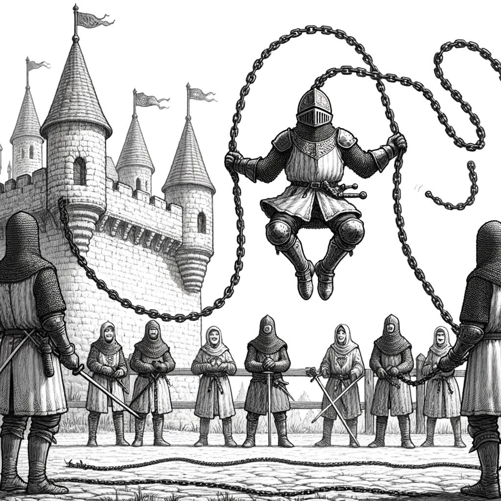 Drawing of a detailed monochrome scene where a knight uses chains as improvised jump ropes, amusing the castle's residents.
