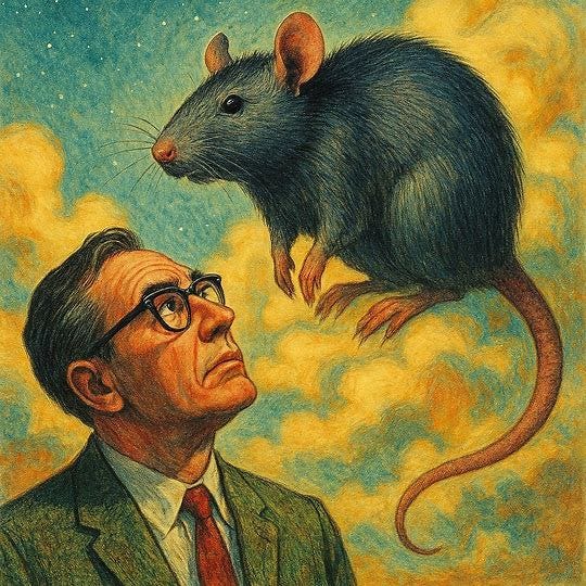 a middle-aged male professor looking up at a massive rat in heaven, 1960s sci-fi color drawing a middle-aged male professor looking up at a massive rat in heaven, 1960s sci-fi color drawing