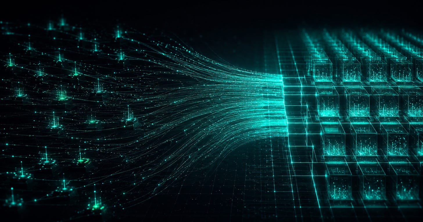 Telemetry streams from distributed nodes converging into an ordered, grid-like data warehouse, rendered in mint-teal on a near-black background Telemetry streams from distributed nodes converging into an ordered, grid-like data warehouse, rendered in mint-teal on a near-black background