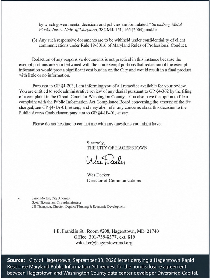 Jason Morton, Hagerstown City Attorney; Scott Nicewarmer, City Administrator; Jill Thompson, Dept of Planning and Economic Development Director; Wes Decker, Director of Communications; Denying MPIA Request for NDA with Data Center Developer Diversified Capital