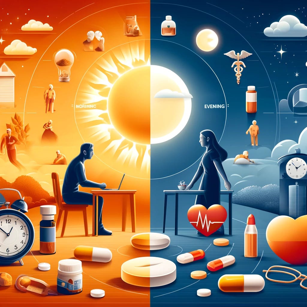 A detailed and informative image showing a split scene: on the left, a person taking medication in the morning with a background of a rising sun and early morning activities, and on the right, another person taking medication in the evening with a background of a setting sun and night-time activities. The image should illustrate the concept of timing medication with personal circadian rhythms, highlighting the importance of morning and evening routines. Both scenes should include elements like clocks, healthcare symbols, and heart health visuals.