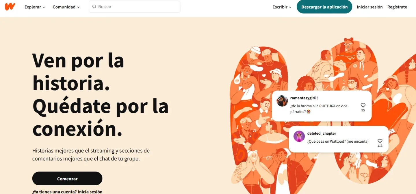 Página principal de Wattpad. Captura de pantalla.