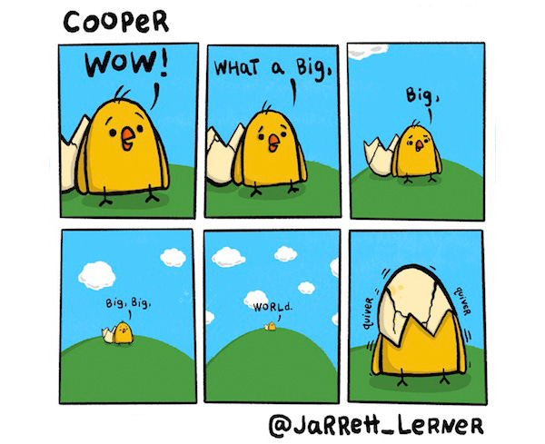 A yellow chick hatches from an egg. It says, “Wow! What a big, big, big, big world!” as it appears smaller in the panel. Then it puts the egg shell over its head to hide.