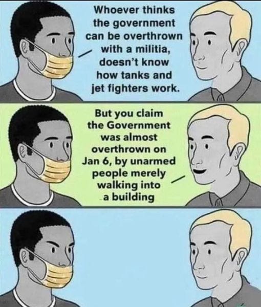 May be an image of text that says 'Whoever thinks the government can be overthrown with a militia, doesn't know how tanks and jet fighters work. But you claim the Government was almost overthrown on Jan 6, by unarmed people merely walking into building'