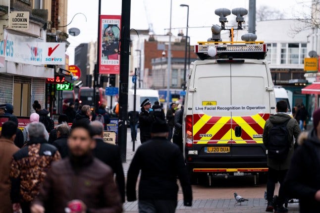The Metropolitan Police deploying the use of live facial recognition technology in Croydon, south London. The Met use the technology to tackle crime and identify offenders, helping officers to target those wanted for causing serious violence. Picture date: Friday February 9, 2024. PA Photo. See PA story POLICE FacialRecognition. Photo credit should read: Jordan Pettitt/PA Wire The Metropolitan Police deploying the use of live facial recognition technology in Croydon, south London. The Met use the technology to tackle crime and identify offenders, helping officers to target those wanted for causing serious violence. Picture date: Friday February 9, 2024. PA Photo. See PA story POLICE FacialRecognition. Photo credit should read: Jordan Pettitt/PA Wire