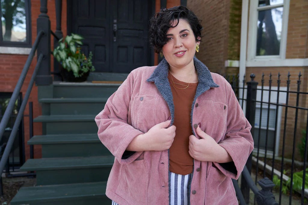 Grainline Studio Thayer Jacket women's sewing pattern in size 32, workwear inspired fully lined jacket in dusty pink corduroy