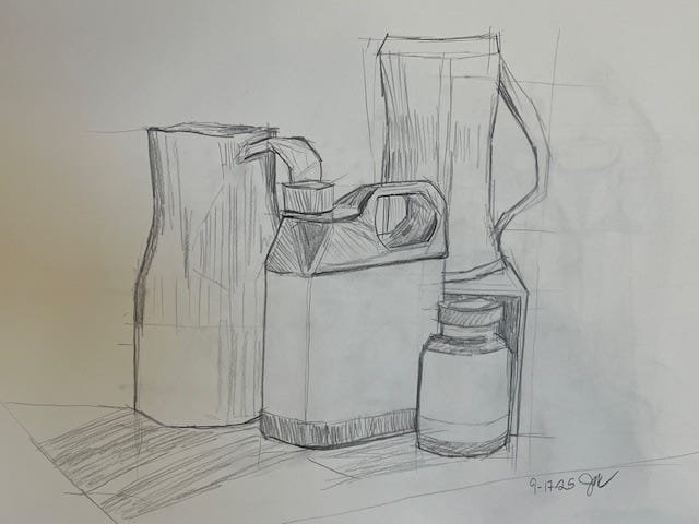 Reference photo on the left; my drawing on the right.