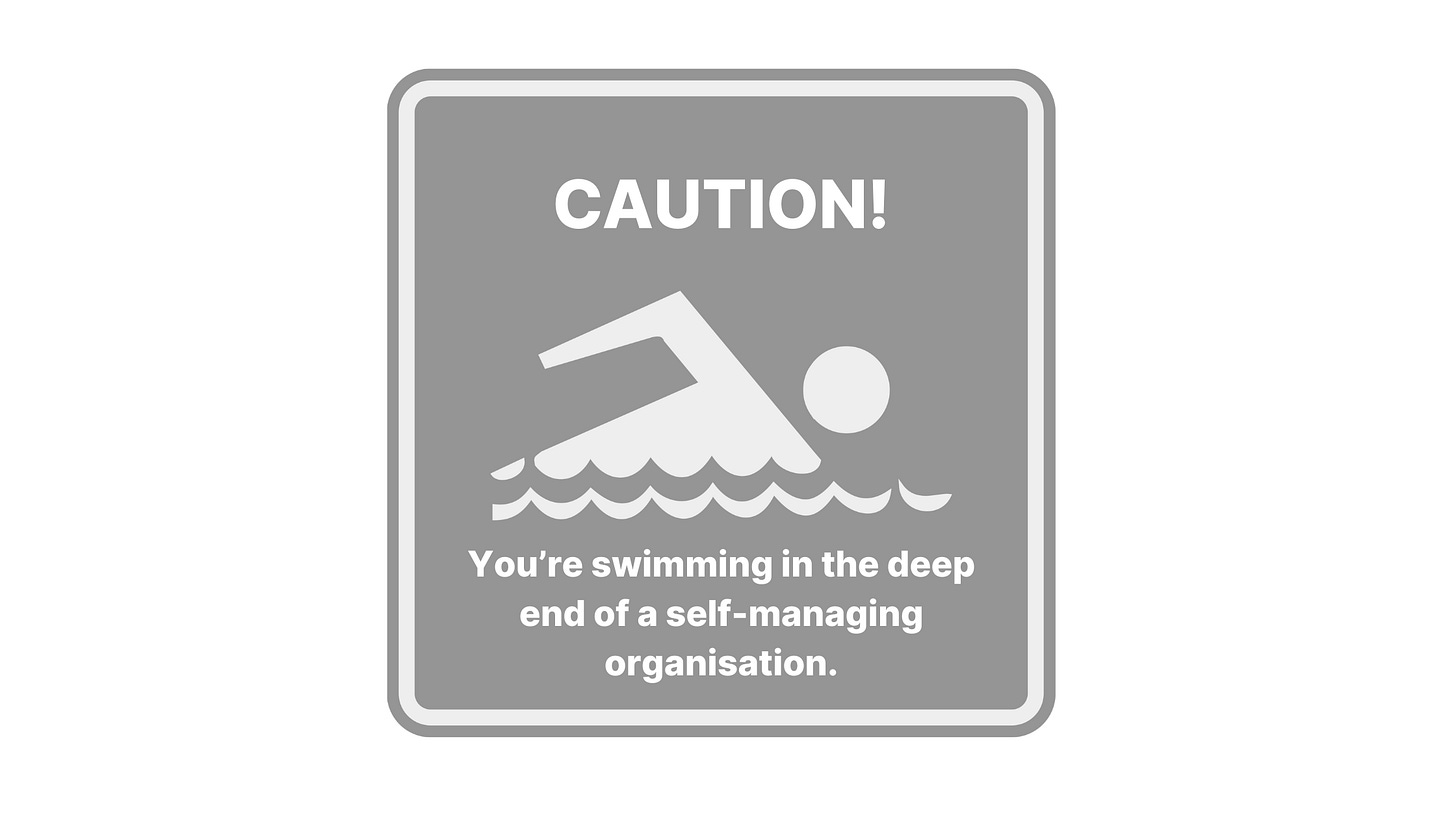 Caution sign for a swimming pool: you're swimming in the deep end of a self-managing organisation.