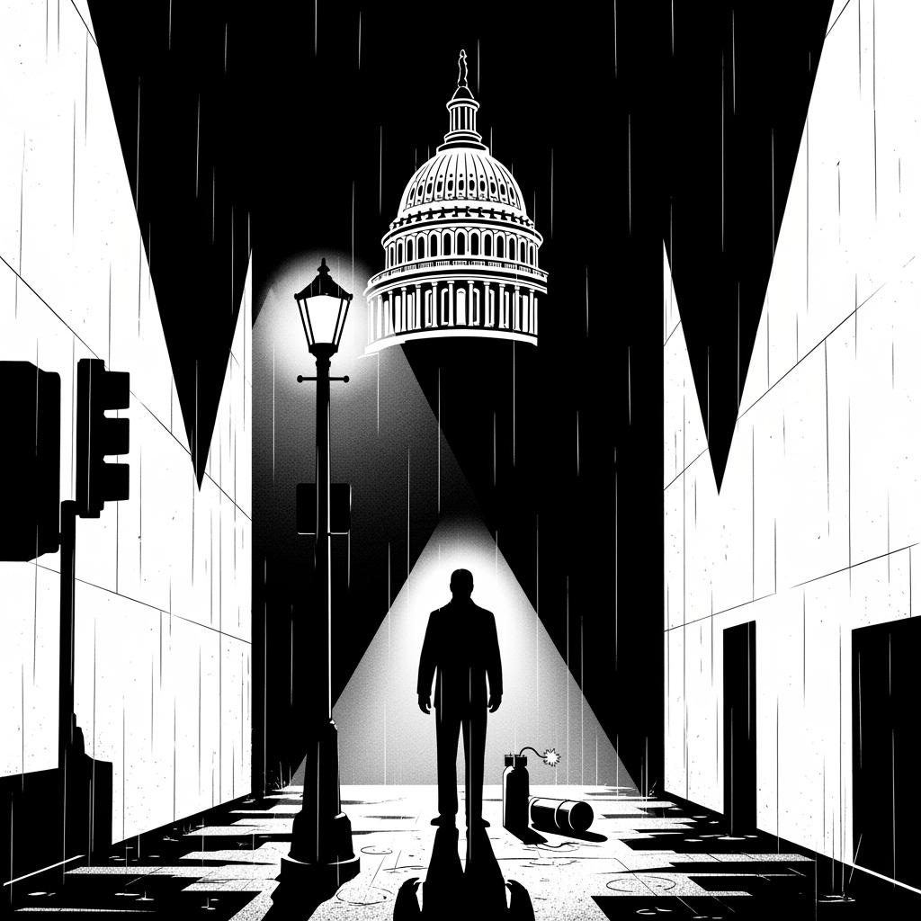 Stark black and white illustration Frank Miller crime noir style CCTV perspective of shadowy figure backlit by street lamp pipe bomb visible in silhouette Capitol dome in background harsh angular shadows rain-soaked street reflections dramat_image_1