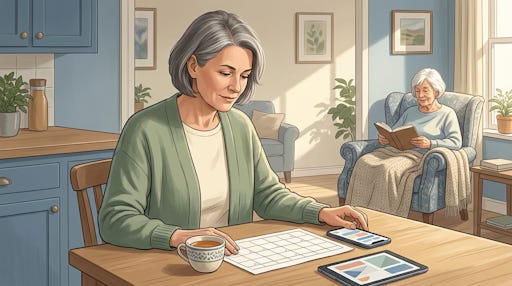 A woman caregiver looking at a calendar with an older woman sitting in a chair, reading.