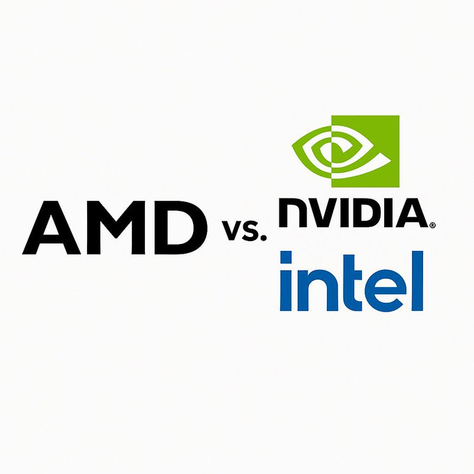 AMD logo in black text. NVIDIA logo with a green and black design featuring an eye symbol. Intel logo in blue text. All logos are arranged horizontally with "AMD vs. NVIDIA." above the NVIDIA logo and "Intel" below it.