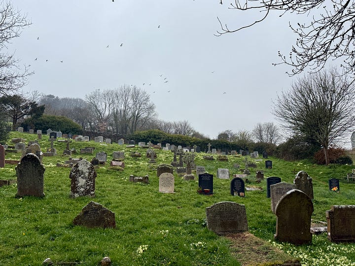 Photo from my trip to Marldon in April 2025: The first two show the hill behind the church, which Goudge considered Gentian Hill. It contains a cemetery. The church has a fabulous back door!