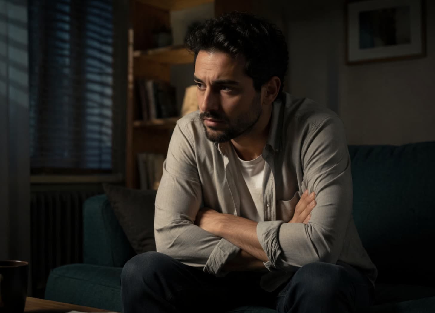 A man sits alone on a sofa in a dimly lit room, leaning forward with his arms crossed and a tense, guarded expression, looking away into the distance.