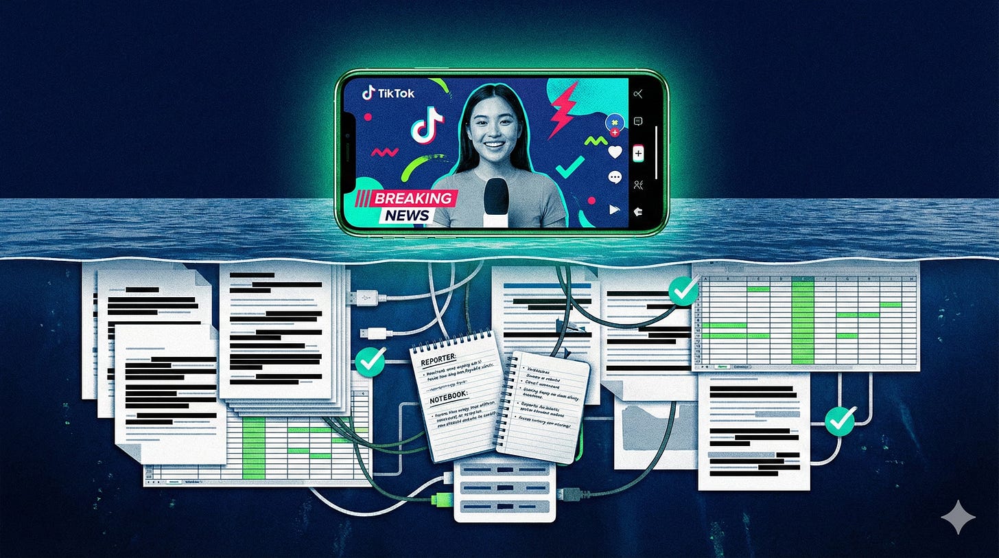 An editorial illustration featuring a split view. Above the water line, a glowing smartphone displays a personality-driven "Breaking News" social media video. Below the water line, representing the submerged 90% of the iceberg, is a complex network of redacted government documents, highlighted spreadsheets, reporter notebooks, and data cables connecting them all together.