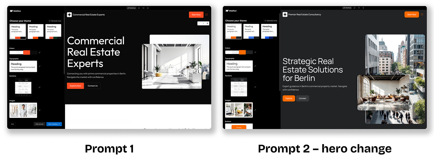 Examples of designs generated using Webflow’s AI Site Builder