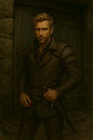 A dark fantasy image of Greegan, visually reminiscent of actor Matt Ryan, standing before the bulkhead door of the Krezkovs' cellar in Barovia, dressed in rogue's leather armor. He wears a fitted leather jerkin with reinforced shoulders, dark bracers, and a belt lined with pouches and throwing knives. His tousled blond hair and sharp cheekbones give him a roguish charm, and his expression is wary but focused. One hand rests on the rusted handle of the moss-covered bulkhead door, while the other hovers near a dagger at his hip. The cellar entrance is set into a stone wall, with snow and mist curling around the base. The atmosphere is tense and shadowed, hinting at secrets below. A dark fantasy image of Greegan, visually reminiscent of actor Matt Ryan, standing before the bulkhead door of the Krezkovs' cellar in Barovia, dressed in rogue's leather armor. He wears a fitted leather jerkin with reinforced shoulders, dark bracers, and a belt lined with pouches and throwing knives. His tousled blond hair and sharp cheekbones give him a roguish charm, and his expression is wary but focused. One hand rests on the rusted handle of the moss-covered bulkhead door, while the other hovers near a dagger at his hip. The cellar entrance is set into a stone wall, with snow and mist curling around the base. The atmosphere is tense and shadowed, hinting at secrets below.