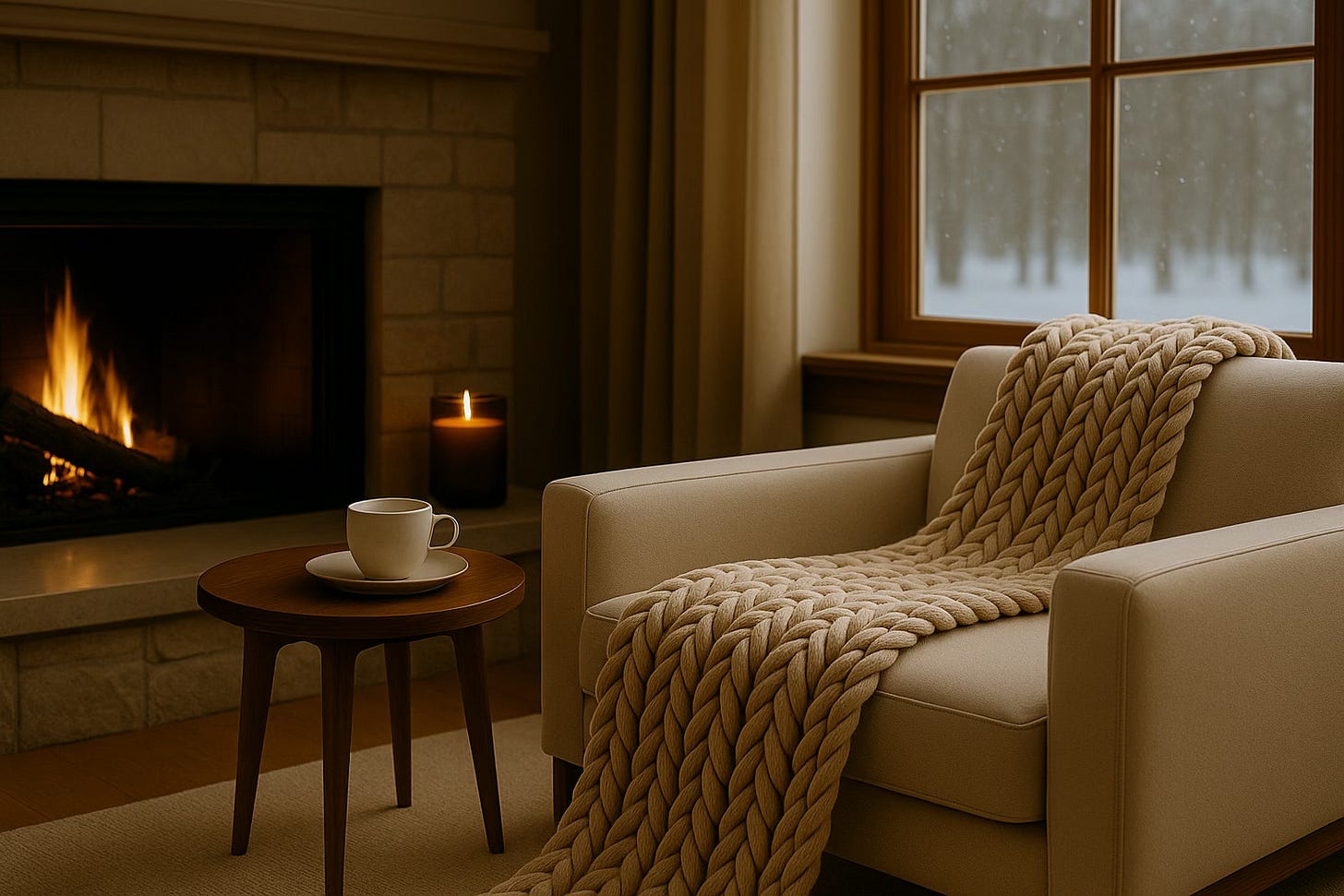 A cozy winter living room with a stone fireplace, a glowing candle, a small ceramic mug on a wooden table, and a chunky knit Bearaby weighted blanket draped over a cream armchair beside a snowy window.
