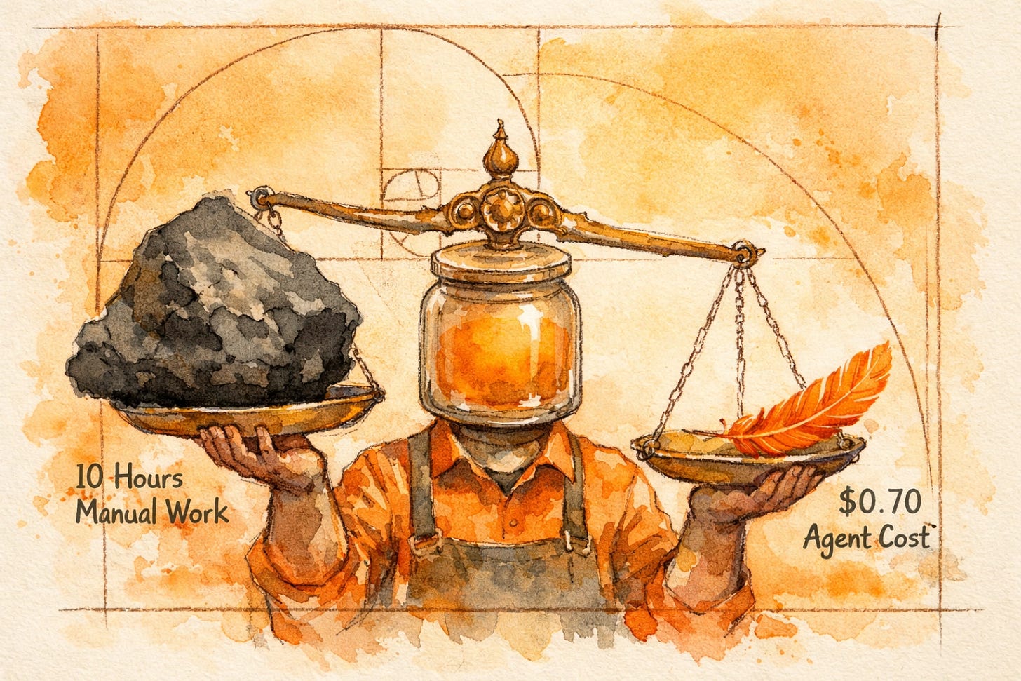A scale comparing the weight of ten hours of manual labor versus the $0.70 cost of a one-hour Claude agent session, held by a mascot illustrating the ROI calculation every solopreneur should be making before dismissing AI costs.