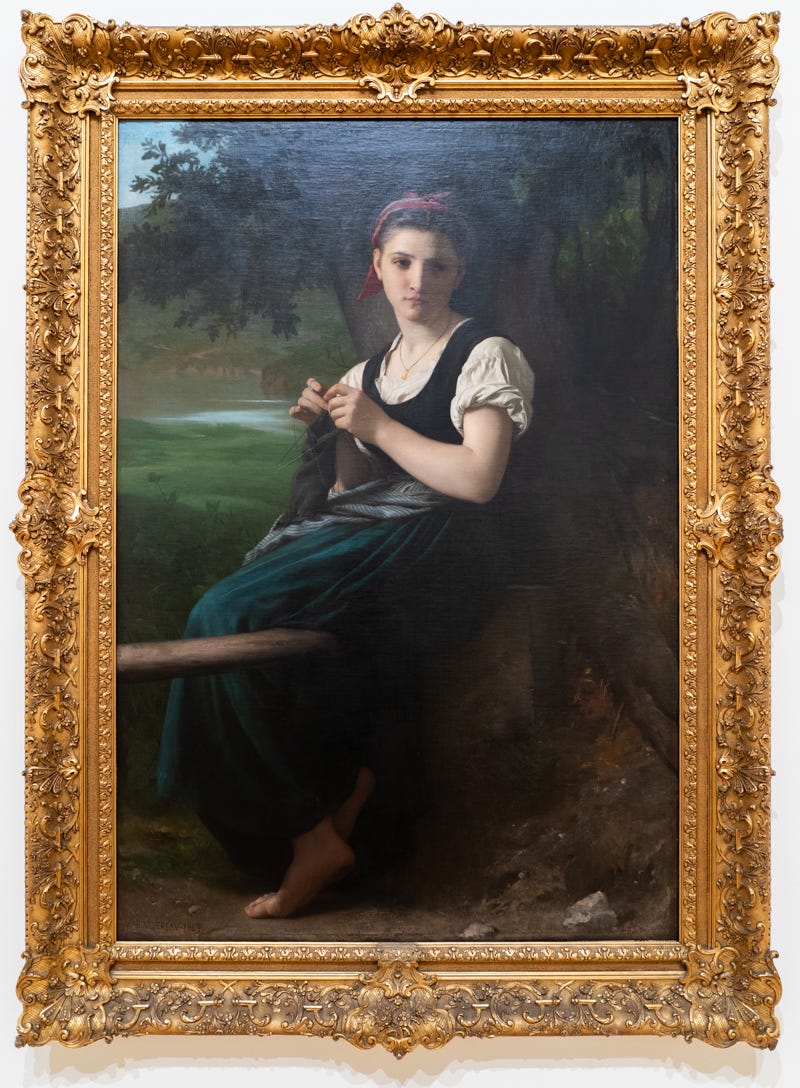 A painting of a girl knitting against a pastoral background. She is wearing a dark blue dress and using double pointed needles