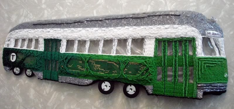 beaded boston trolley car T mbta bead embroidery 3D pop art beader seed beads felt mixed media beaded boston trolley car T mbta bead embroidery 3D pop art beader seed beads felt mixed media