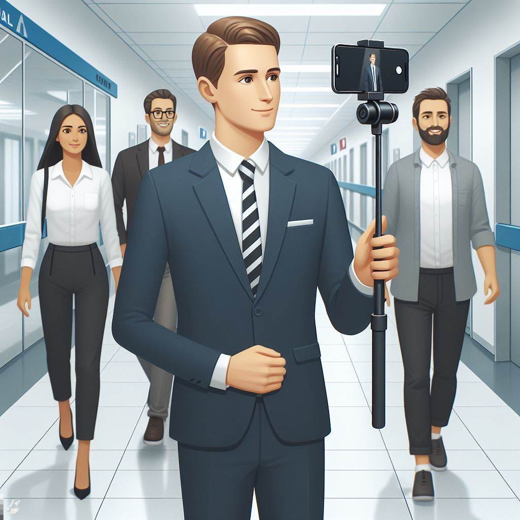 A white male leader in a suit walking the halways in the hospital with two others from his digital team wearing business casual wear. One of them is in the background holding an iPhone on a gimble filming the event. There is also a fourth female in business casual wear walking with them. The user wants to have one of the team members in the background holding the iphone on a gimble and add a fourth female in business casual. A white male leader in a suit walking the halways in the hospital with two others from his digital team wearing business casual wear. One of them is in the background holding an iPhone on a gimble filming the event. There is also a fourth female in business casual wear walking with them. The user wants to have one of the team members in the background holding the iphone on a gimble and add a fourth female in business casual.