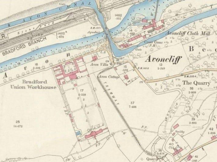Old map of Avoncliff Wilthsire showing the path of the quarry tramway. Old map of Avoncliff Wilthsire showing the path of the quarry tramway.