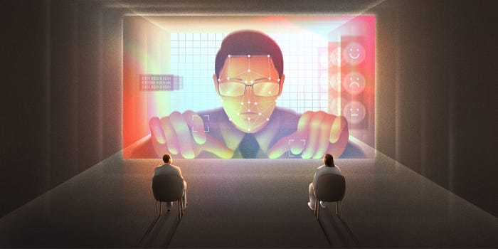Illustration of scientists looking at someone working on a screen