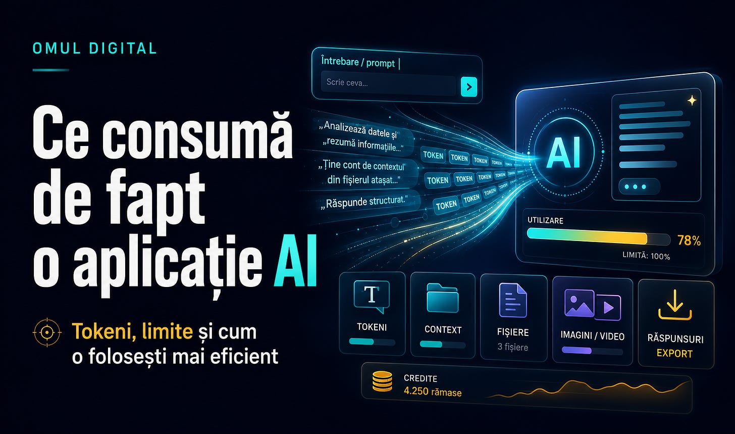 Ilustrație digitală despre consumul unei aplicații AI, cu tokeni, fișiere, credite, limite de utilizare și un flux de cereri care intră într-o interfață AI. Ilustrație digitală despre consumul unei aplicații AI, cu tokeni, fișiere, credite, limite de utilizare și un flux de cereri care intră într-o interfață AI.