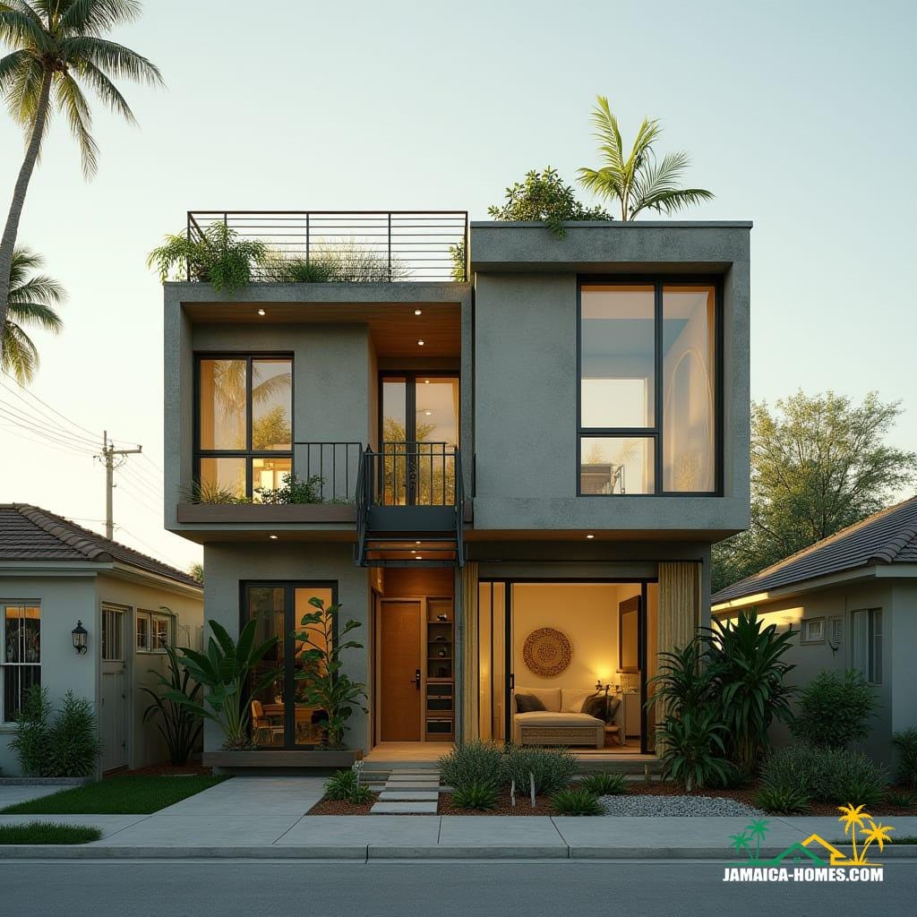 Spanish Town Compact Duplex
Design: Two 20-ft modules stacked for a two-story mini duplex, shared roof terrace.
Materials: Concrete, steel frame, tempered glass, timber accents.
Features: Solar panels, narrow windows to reduce heat, small rooftop garden, compact staircase.
Environment: Urban lot, neighboring houses close by, bright tropical sun.
Style Notes: Functional, modern, practical for city lot, hurricane-resistant.