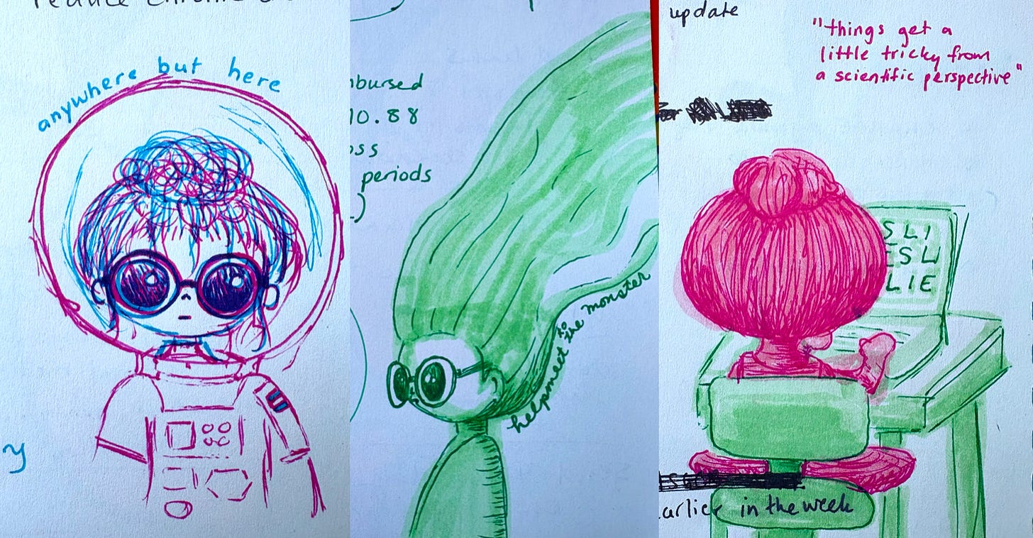Three messy hand-drawn comics showing a cartoon version of Kate as an astronaut, the bride of Frankenstein, and an office worker typing the word LIES LIES LIES over and over.