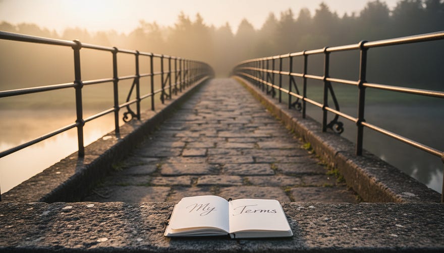 The image captures a close-up of a weathered stone bridge situated over a calm, misty river at dawn. Sturdy iron railings symbolise safety. Soft, golden light highlights the stone texture and dew on the rails. In the foreground, a notebook with “My Terms” written inside rests on the railing, while a peaceful forest blurs in the background. The mood is serene and reflective. The image captures a close-up of a weathered stone bridge situated over a calm, misty river at dawn. Sturdy iron railings symbolise safety. Soft, golden light highlights the stone texture and dew on the rails. In the foreground, a notebook with “My Terms” written inside rests on the railing, while a peaceful forest blurs in the background. The mood is serene and reflective.