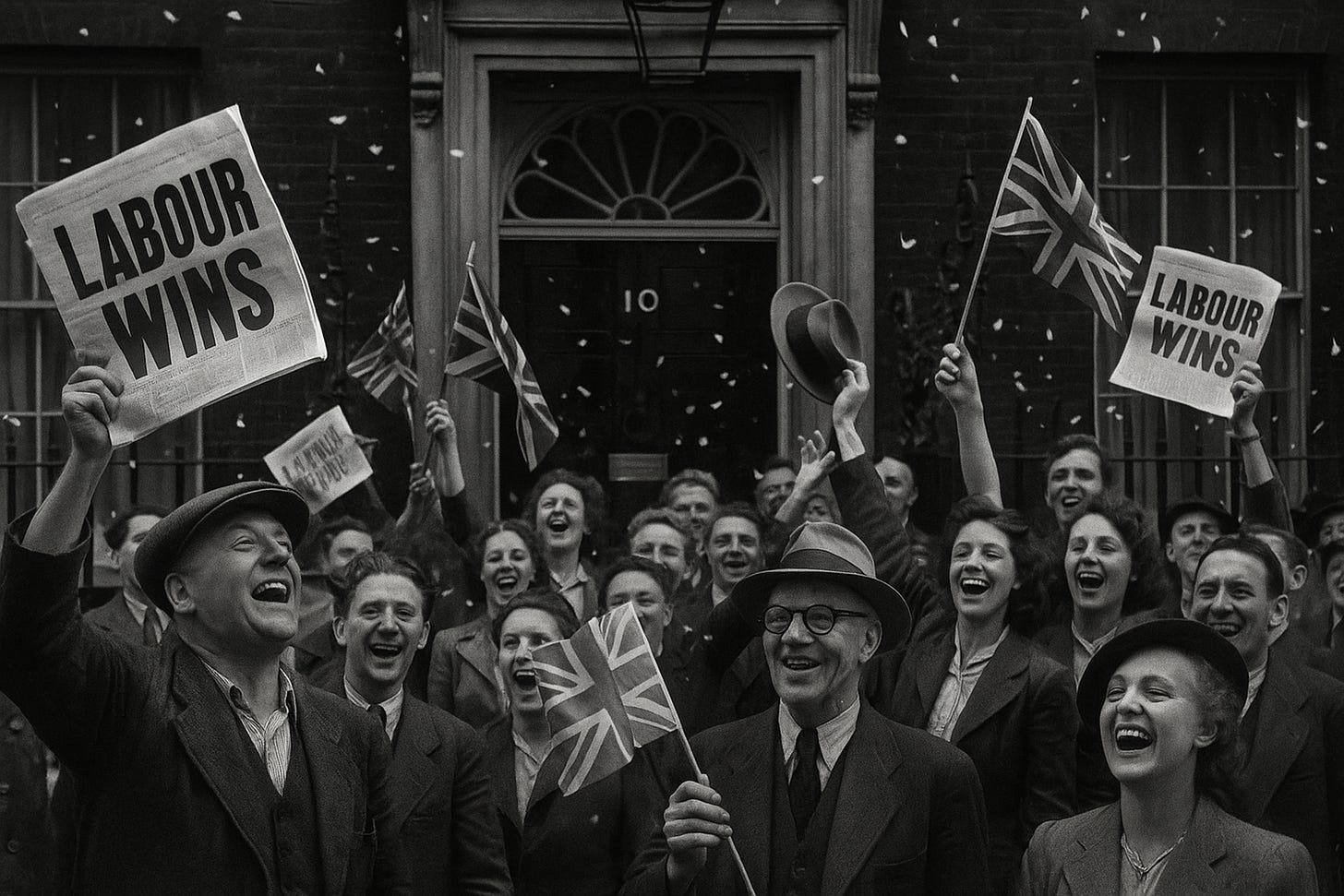 Black and white crowd celebrating outside 10 Downing Street in 1945 holding ‘Labour Wins’ papers.”