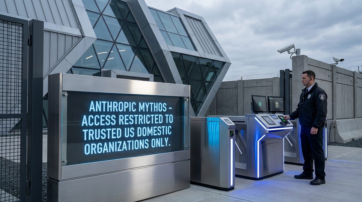 Hình ảnh lối vào trung tâm dữ liệu an toàn với biển báo "ANTHROPIC MYTHOS - CHỈ TRUY CẬP CHO CÁC TỔ CHỨC NỘI ĐỊA MỸ ĐƯỢC TIN CẬY", có nhân viên bảo vệ đứng gác.