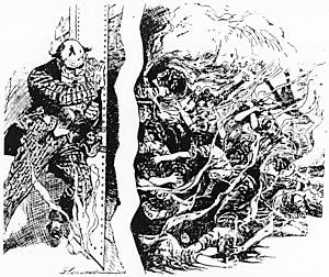 Cartoon of workers trapped behind a locked door held by factory manager Cartoon of workers trapped behind a locked door held by factory manager