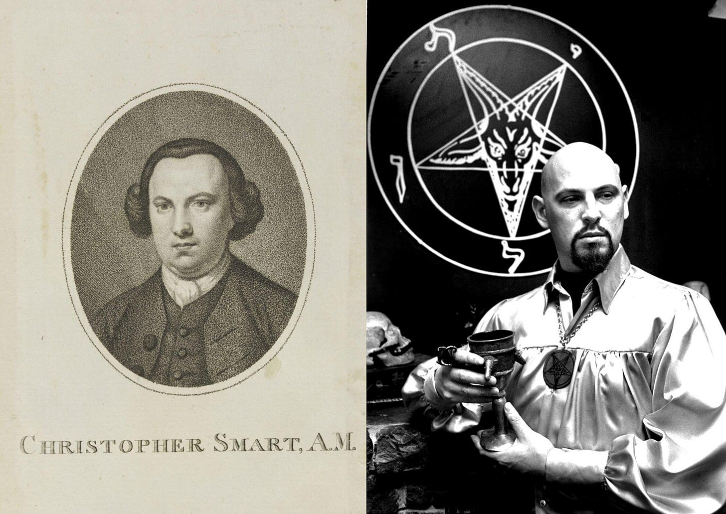 Christopher Smart – and engraving of a man in 18th century clothes and wig; Anton Sillyname – a man with a shaved head posing and trying really hard to look scary and important in a silky shirt in front of a pentangle with a goat’s head in it