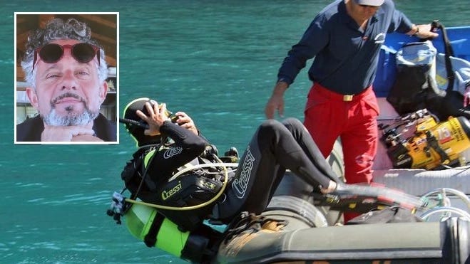 Un sommozzatore durante le ricerche. Nella foto piccola, la vittima