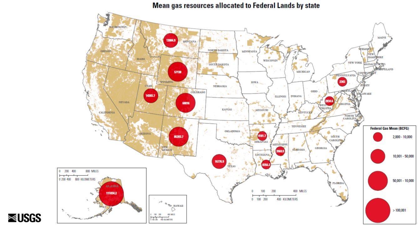 Map of the United States showing public lands in brown, with red circles showing estimated 