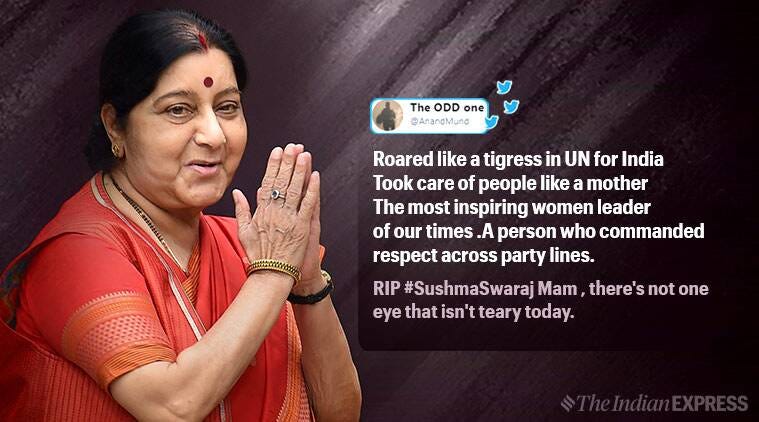 Sushma Swaraj's death has netizens mourning: 'Thank you for your services'  | Trending News,The Indian Express