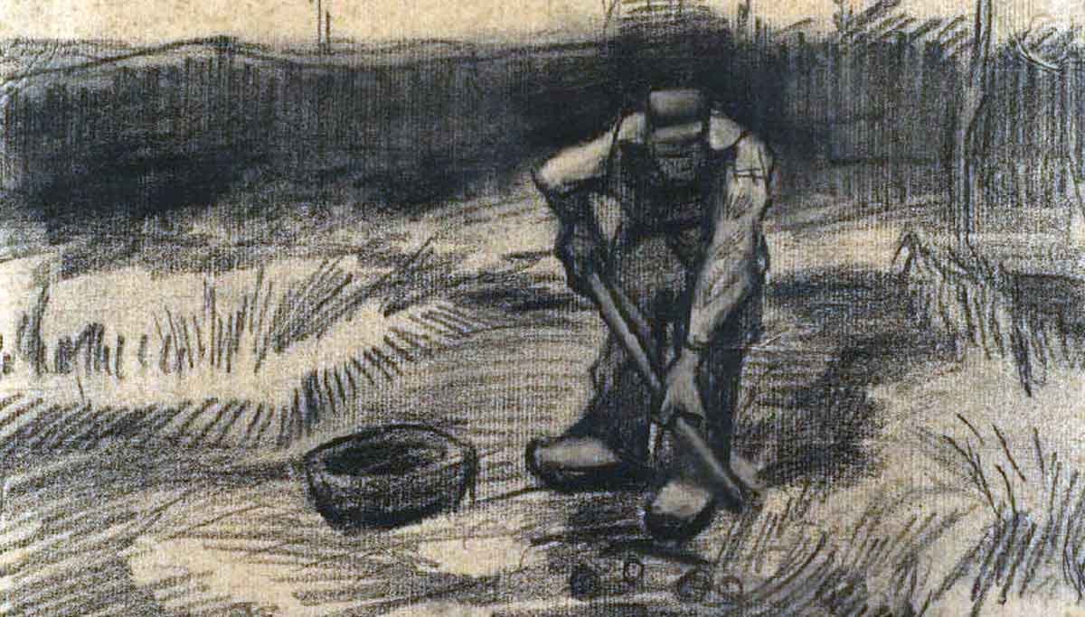 A charcoal sketch by Vincent Van Gogh. A peasant in a field digs for potatoes