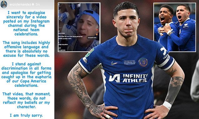 Enzo Fernandez apologises after being accused of 'uninhibited racism' by  his Chelsea team-mate Wesley Fofana and insists he is 'against  discrimination in all forms' as club investigate Argentina song | Daily Mail