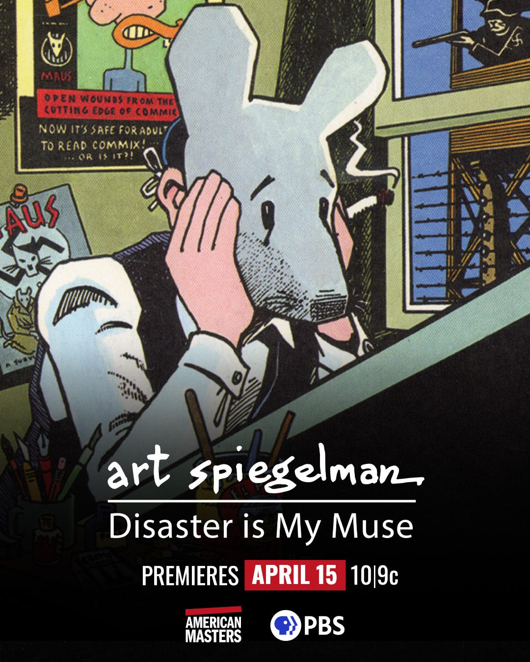 Cartoon image of a man sitting at a cartoon desk wearing a mouse mask that looks worried. The man is holding a cigarette. Text reads "art spiegelman: disaster is my muse" premieres April 15 10/9c