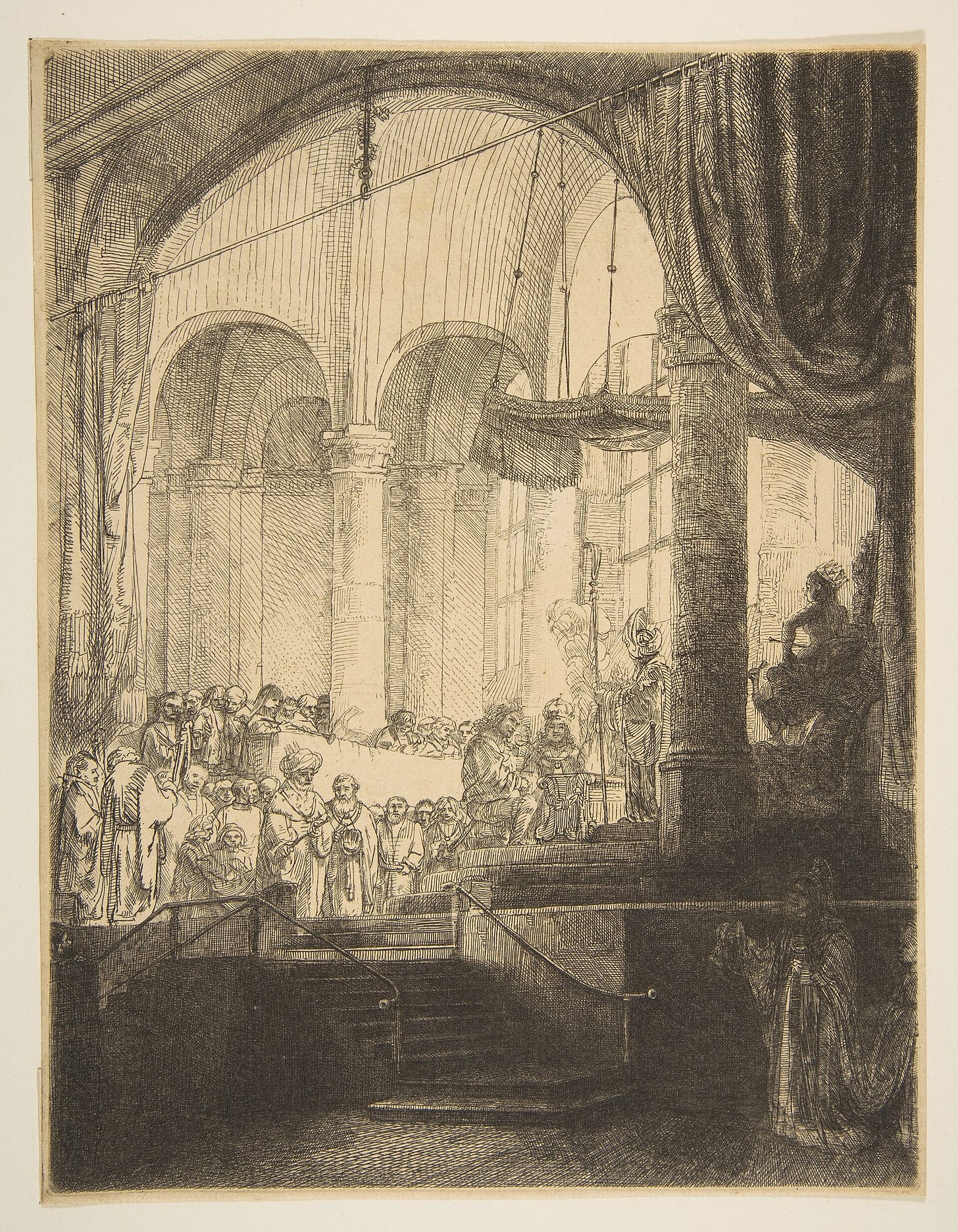 Etching of a wedding in a tall church interior, the couple on a raised dais beneath a statue of a goddess, while a crowned woman stands alone in the shadowed foreground. Etching of a wedding in a tall church interior, the couple on a raised dais beneath a statue of a goddess, while a crowned woman stands alone in the shadowed foreground.
